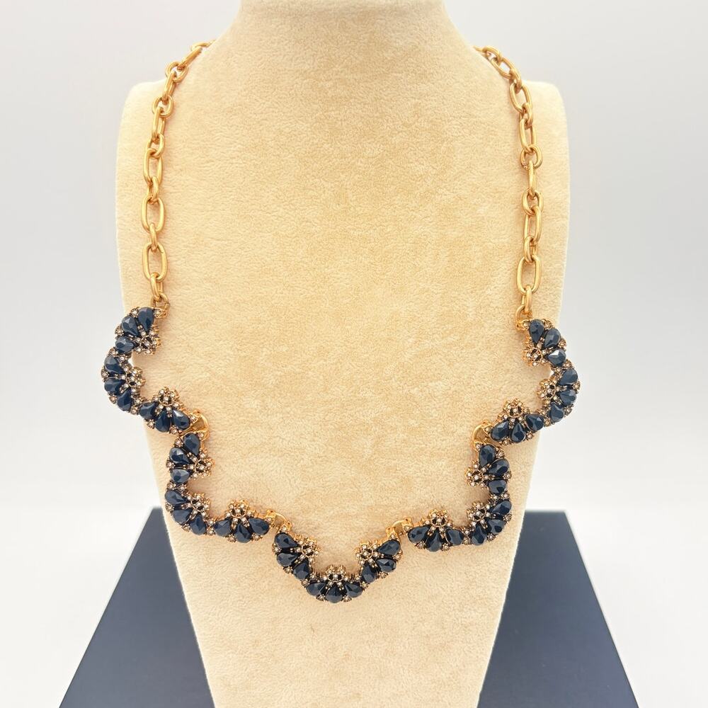 J.Crew Navy Blue Statement Necklace Gold Tone Bib Rhinestone Accents